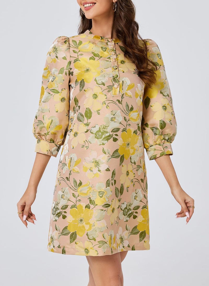 Ladyful Women's Floral Jacquard Shift Dress 2026 Long Puff Sleeve Button Up Elegant Cocktail Party Mini Dress Yellow - Image 4