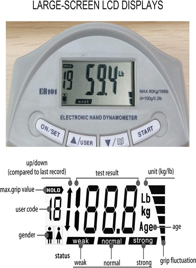 GBEX Grip Strength Tester, Hand Grip Dynamometer, Electronic Hand Grip Strength Tester Grip Strengthener Hand Exerciser Meter Digital Hand Grip Training Gauge 220 Lbs / 99 Kgs for Sports, School, Office (Digital Hand Dynamometer) - Image 2