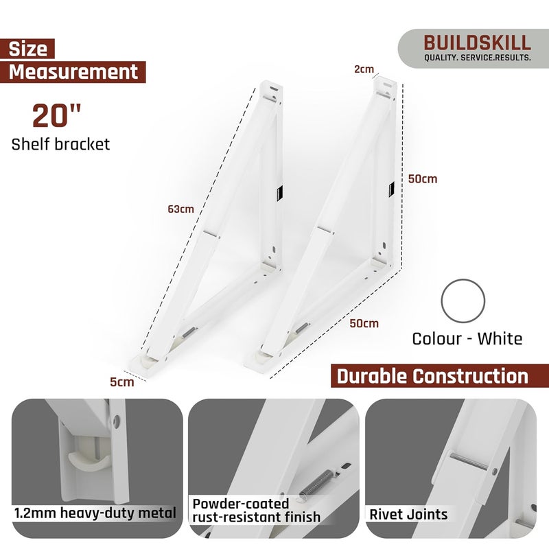 BUILDSKILL 20" Folding Shelf Bracket, 1.2mm Heavy-Duty Folding Table Bracket, Corrosion Resistant & Space-Saving Design, Brackets for Wall Shelves & Workstations, Home & Office Use (White) (Set of 2) - Image 2