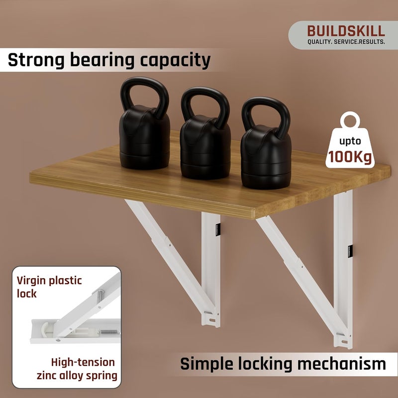 BUILDSKILL 20" Folding Shelf Bracket, 1.2mm Heavy-Duty Folding Table Bracket, Corrosion Resistant & Space-Saving Design, Brackets for Wall Shelves & Workstations, Home & Office Use (White) (Set of 2) - Image 4