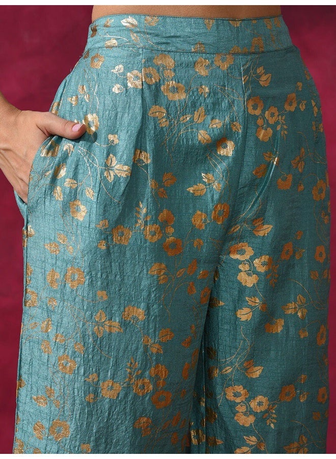 AKS Pastel Blue Foil Printed Straight Kurta With Palazzo Set  - Image 3