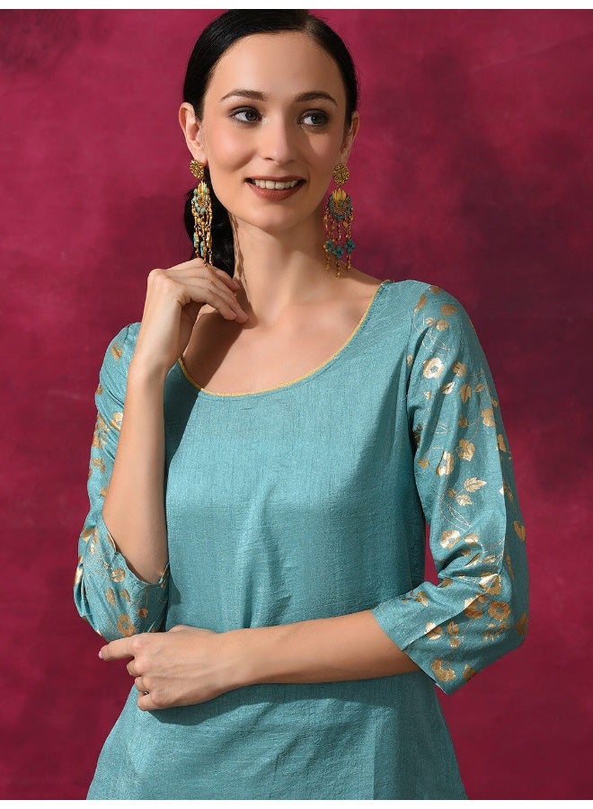 AKS Pastel Blue Foil Printed Straight Kurta With Palazzo Set  - Image 2