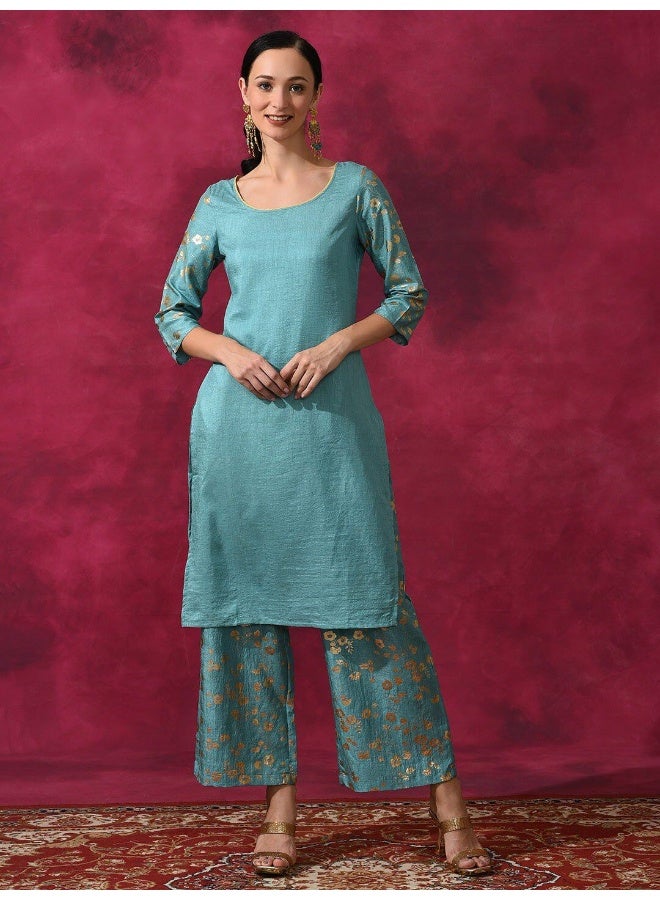 AKS Pastel Blue Foil Printed Straight Kurta With Palazzo Set  - Image 5