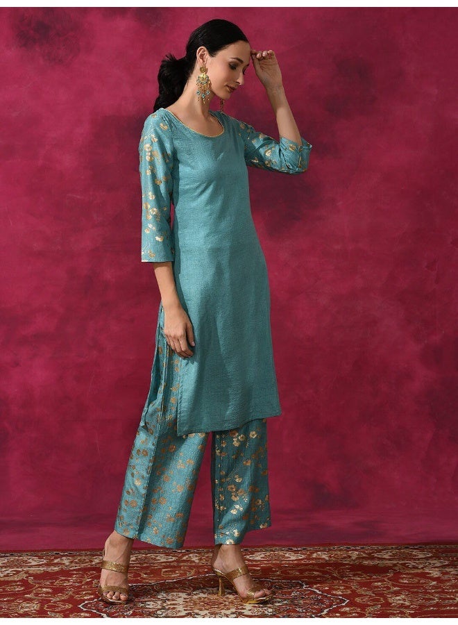 AKS Pastel Blue Foil Printed Straight Kurta With Palazzo Set  - Image 4