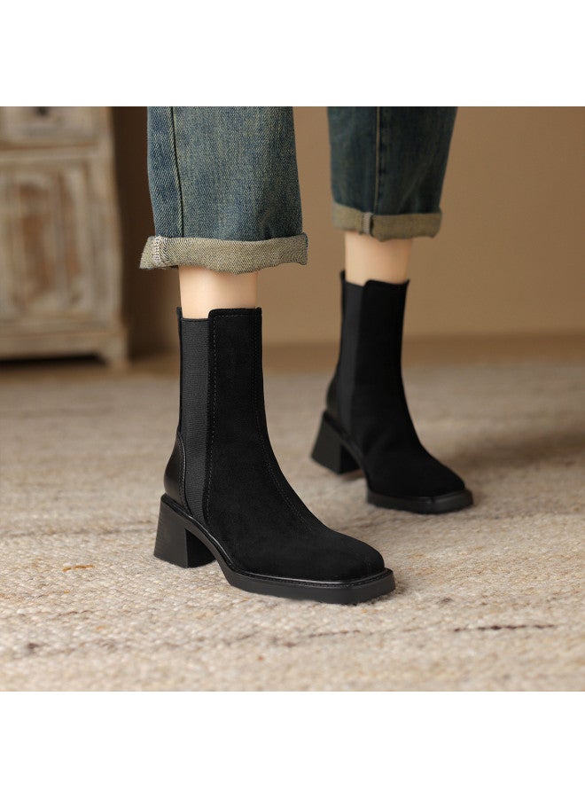 AME Square Toe Casual Ankle Boots, Youthful Elastic Boots With Plush Lining For Autumn And Winter Patchwork Design Chunky Heel Women's Boots - Image 2