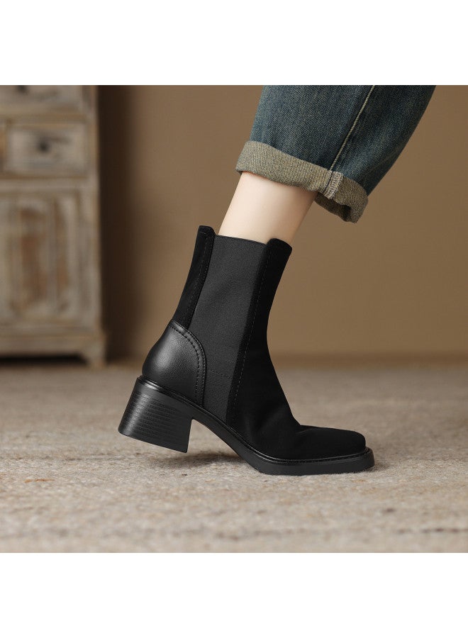 AME Square Toe Casual Ankle Boots, Youthful Elastic Boots With Plush Lining For Autumn And Winter Patchwork Design Chunky Heel Women's Boots - Image 3