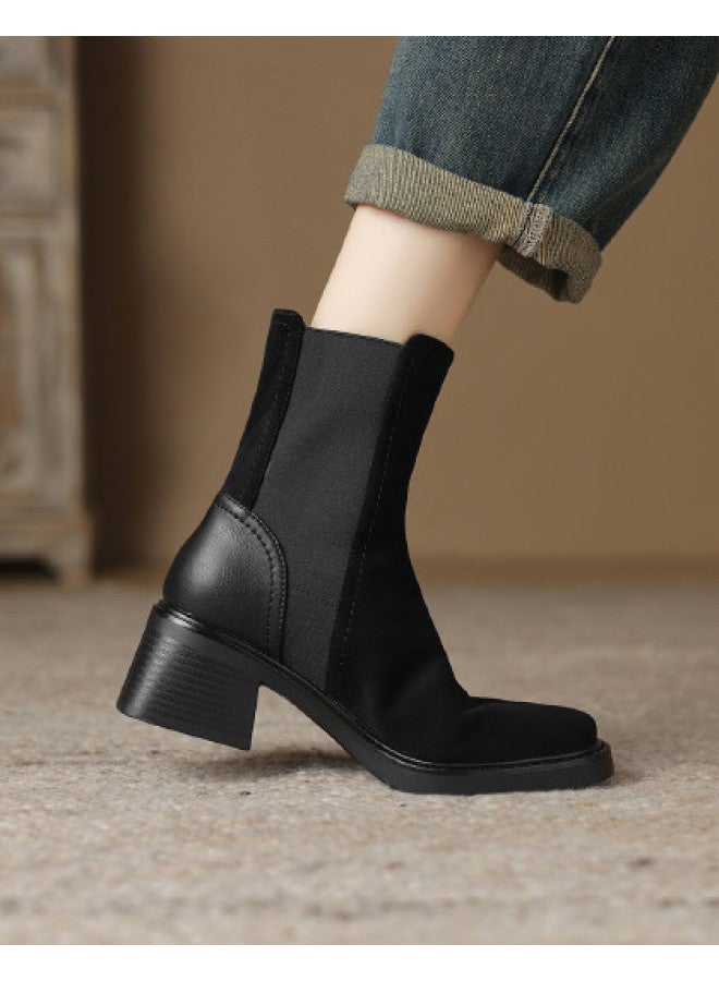 AME Square Toe Casual Ankle Boots, Youthful Elastic Boots With Plush Lining For Autumn And Winter Patchwork Design Chunky Heel Women's Boots - Image 1