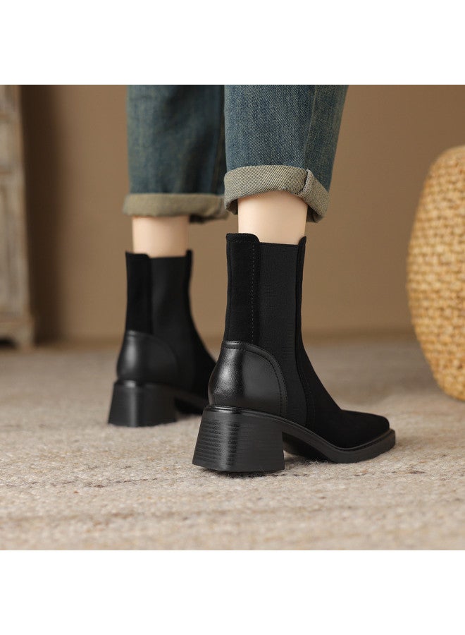AME Square Toe Casual Ankle Boots, Youthful Elastic Boots With Plush Lining For Autumn And Winter Patchwork Design Chunky Heel Women's Boots - Image 5