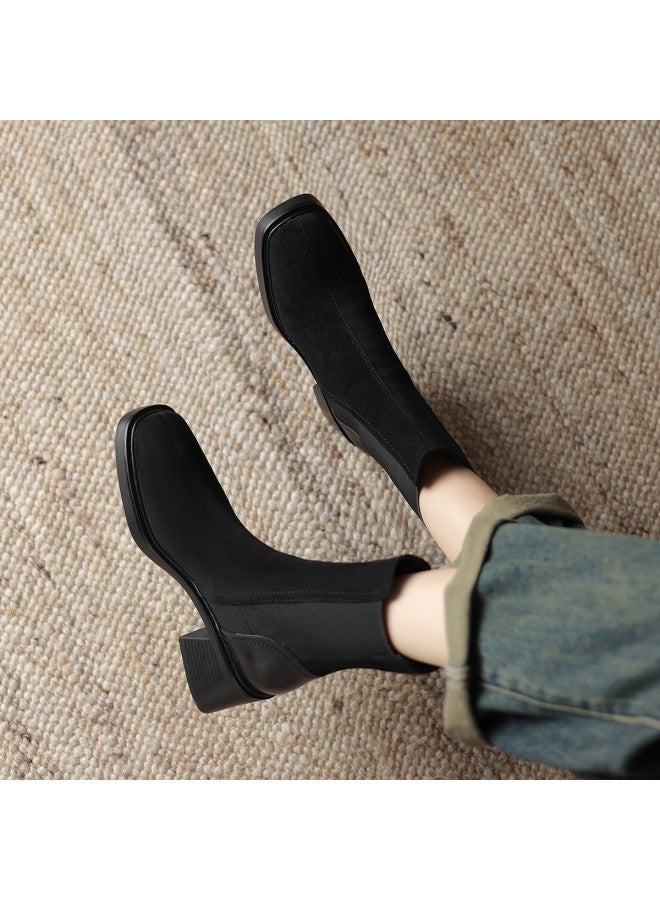 AME Square Toe Casual Ankle Boots, Youthful Elastic Boots With Plush Lining For Autumn And Winter Patchwork Design Chunky Heel Women's Boots - Image 4