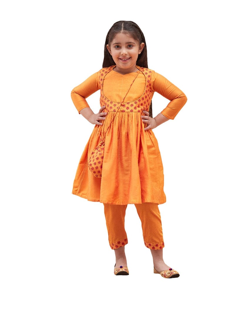 VASTRAMAY Girls’ Orange Anarkali Suit Set with Matching Bottom & Potli Bag – Elegant Ethnic Wear - Image 1