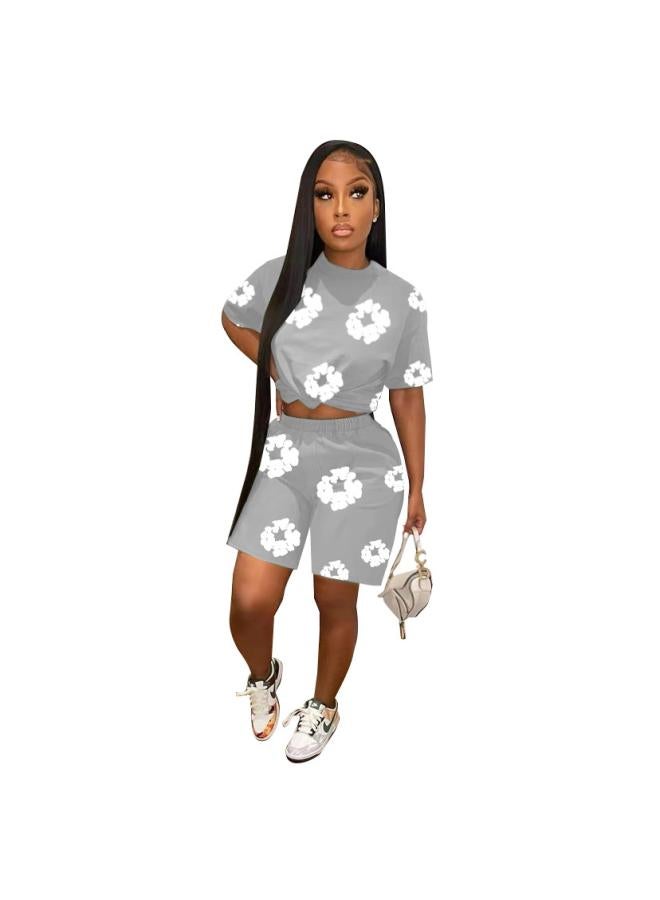 Y7 393 European And American Women's Clothing 24 Spring And Summer New Popular Digital Printed Short-sleeved Shorts Sports Two-piece Set For Women (special Offer