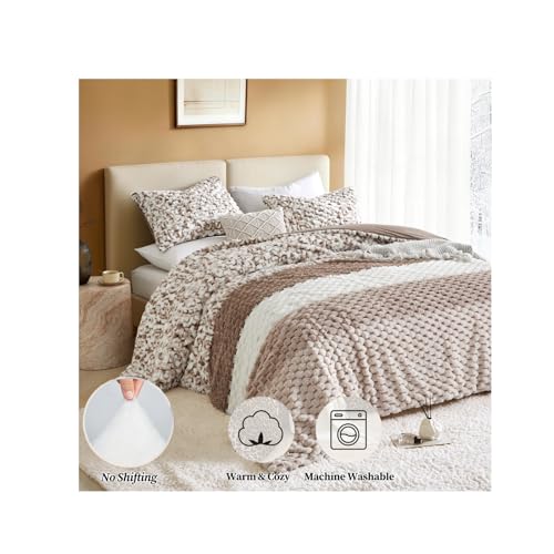Petrichor Fluffy Queen Comforter Set - Taupe and White Striped Faux Fur Blanket for Queen Bed, Ultra-Soft Warm Bedding for Winter & Fall, Cozy 3 Piece Bed Set (1 Comforter & 2 Pillowcases) - Image 2