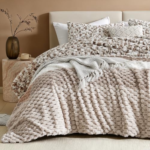 Petrichor Fluffy Queen Comforter Set - Taupe and White Striped Faux Fur Blanket for Queen Bed, Ultra-Soft Warm Bedding for Winter & Fall, Cozy 3 Piece Bed Set (1 Comforter & 2 Pillowcases) - Image 1