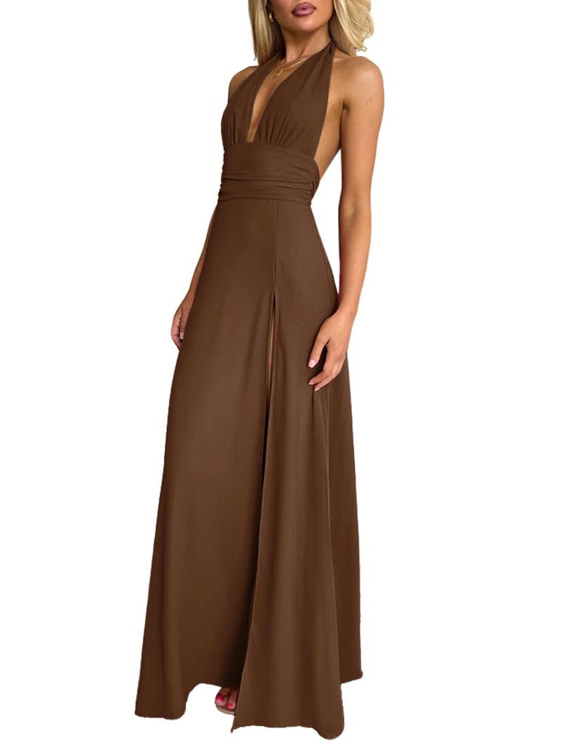 Ekaliy Womens Halter Top Maxi Dress Plunge Neck Backless Dress with High Slit Brown XL - Image 4