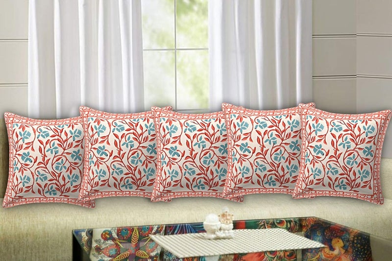 Texstylers Pure Cotton Canvas Jaipuri Hand Block Print Cushion Cover Suitable for Bed RoomLiving RoomSofa Couch Peach White 16x16 Inch 5 Pcs