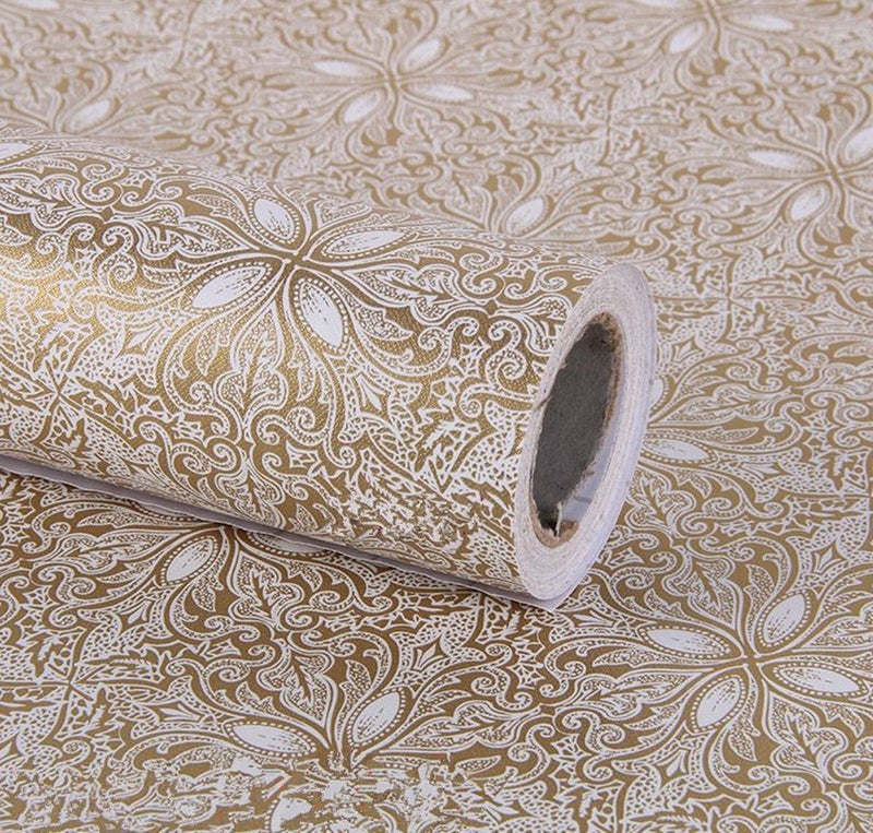 REDODECO Vintage Floral Adhesive Paper Vinyl Shelf Liner Peel Stick Dresser Drawer Sticker Home Deco 177inch by 118inch Gold