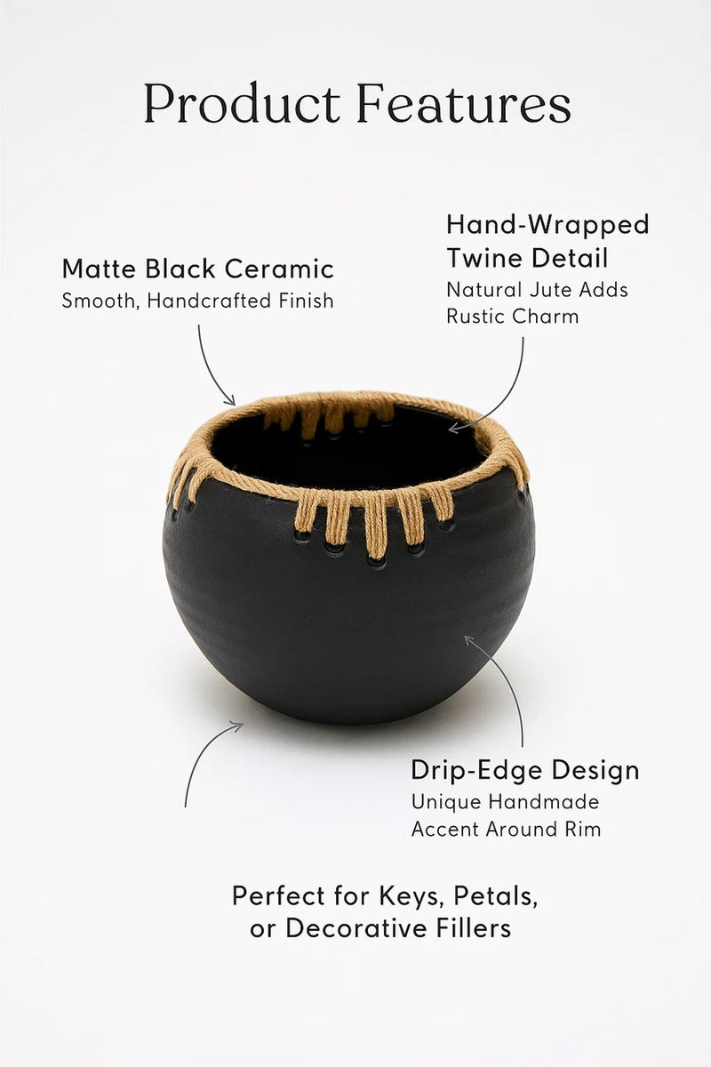 ماريا هومز وعاء وعاء سيراميك أسود – وعاء زخرفي حديث مع لمسة من حبل الخيط لديكور المنزل والمكتب - Image 3