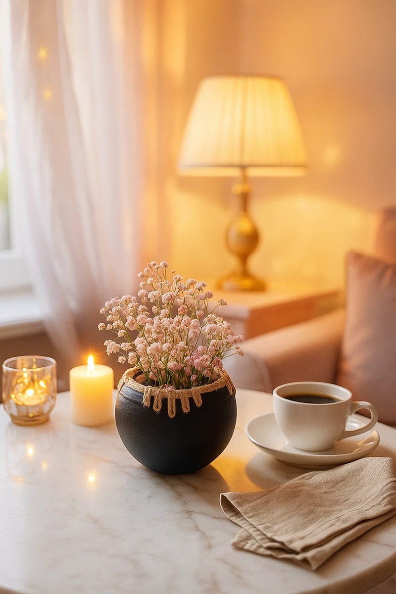 ماريا هومز وعاء وعاء سيراميك أسود – وعاء زخرفي حديث مع لمسة من حبل الخيط لديكور المنزل والمكتب - Image 1