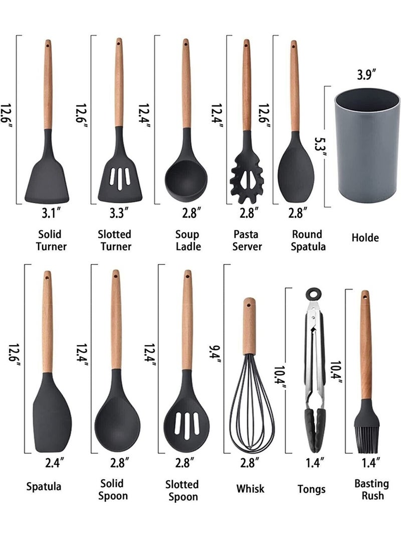 12 قطعة مجموعة أدوات مطبخ من السيليكون غير لاصقة، أواني الطبخ، أواني الطبخ، ملعقة، مجرفة، مضارب البيض، مقبض خشبي، أداة مطبخ الطبخ - Image 4