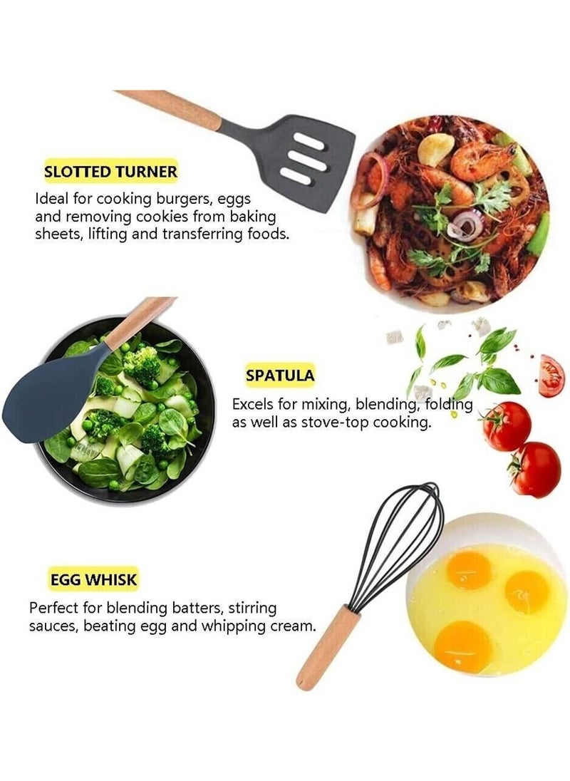 12 قطعة مجموعة أدوات مطبخ من السيليكون غير لاصقة، أواني الطبخ، أواني الطبخ، ملعقة، مجرفة، مضارب البيض، مقبض خشبي، أداة مطبخ الطبخ - Image 2