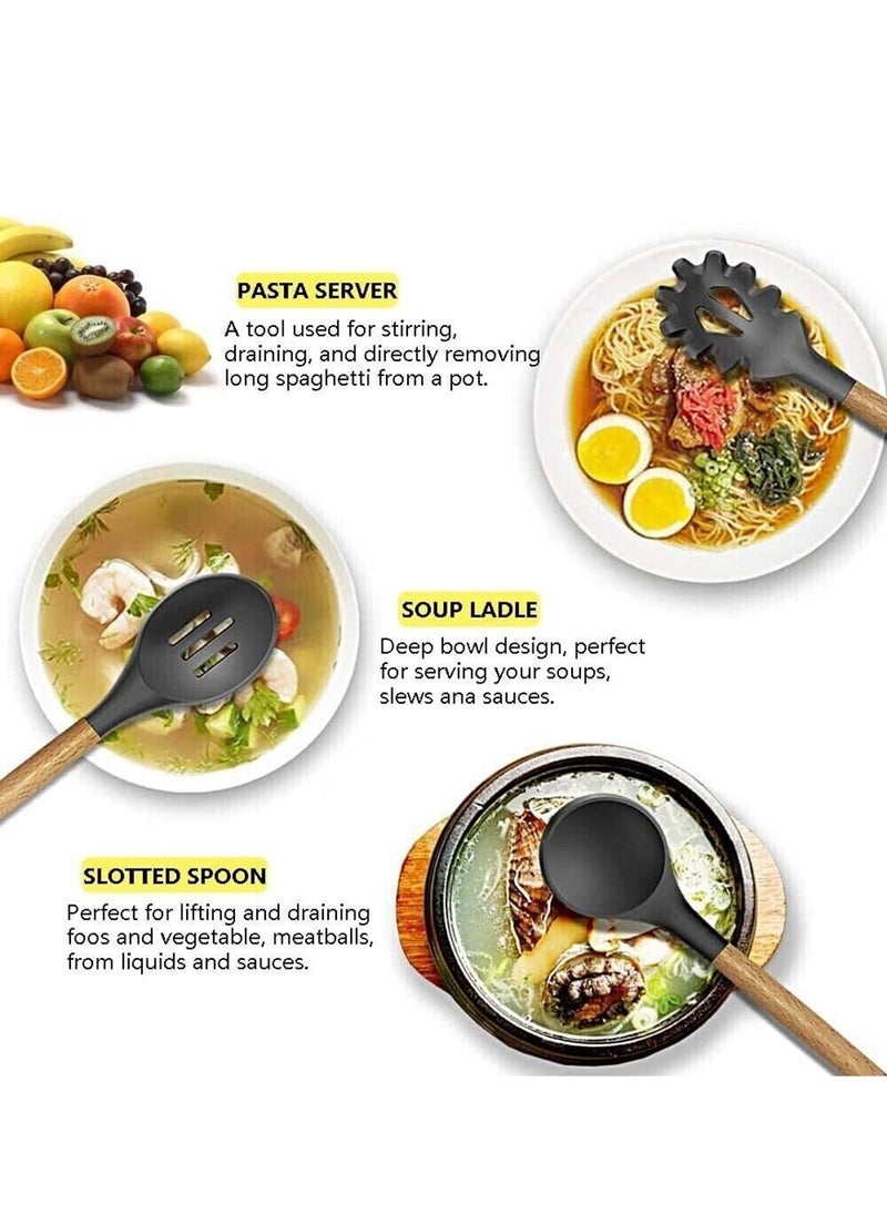 12 قطعة مجموعة أدوات مطبخ من السيليكون غير لاصقة، أواني الطبخ، أواني الطبخ، ملعقة، مجرفة، مضارب البيض، مقبض خشبي، أداة مطبخ الطبخ - Image 3