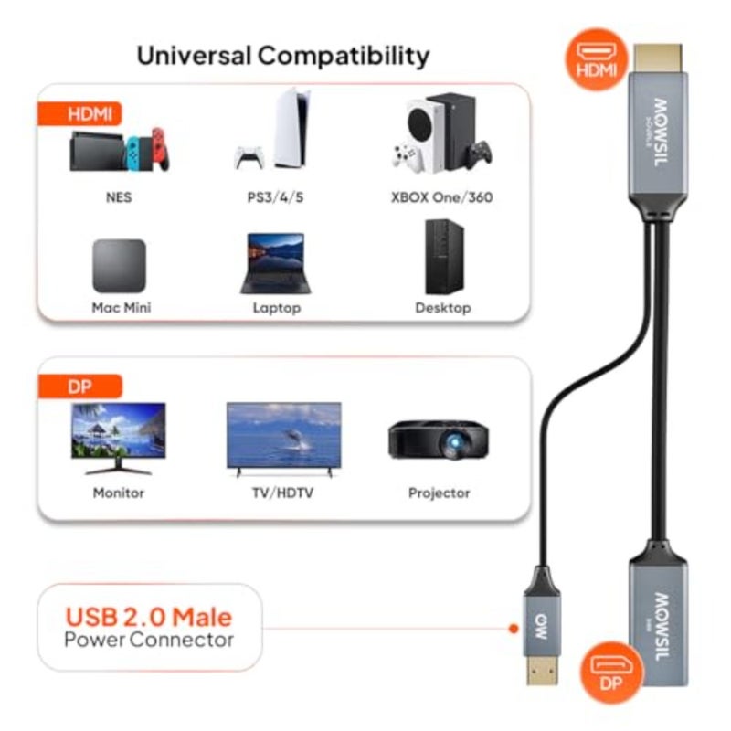 HDMI to DisplayPort Adapter with USB Power, 4K@60Hz HDMI Male to DP Female Converter, Active Video Adapter for Monitor, Projector Desktop PC, Plug Play Aluminum Build - Image 5