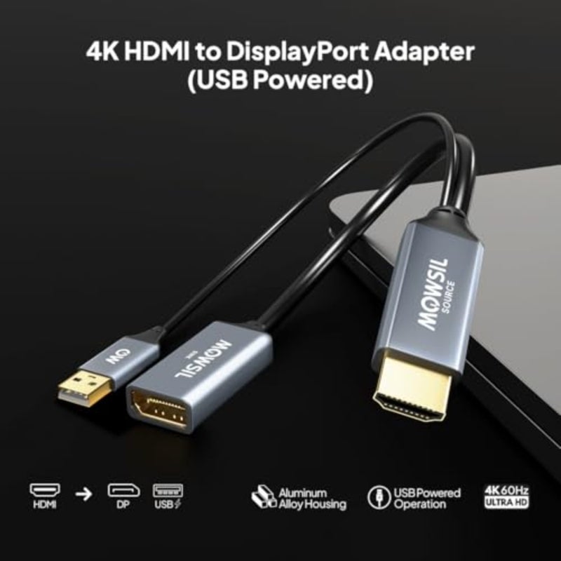 HDMI to DisplayPort Adapter with USB Power, 4K@60Hz HDMI Male to DP Female Converter, Active Video Adapter for Monitor, Projector Desktop PC, Plug Play Aluminum Build - Image 2