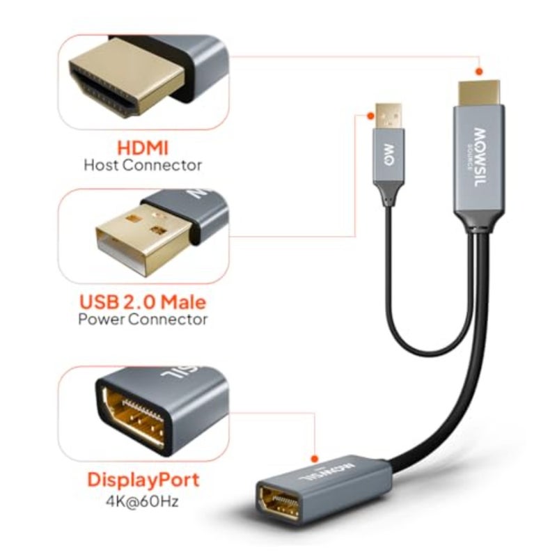 HDMI to DisplayPort Adapter with USB Power, 4K@60Hz HDMI Male to DP Female Converter, Active Video Adapter for Monitor, Projector Desktop PC, Plug Play Aluminum Build - Image 4