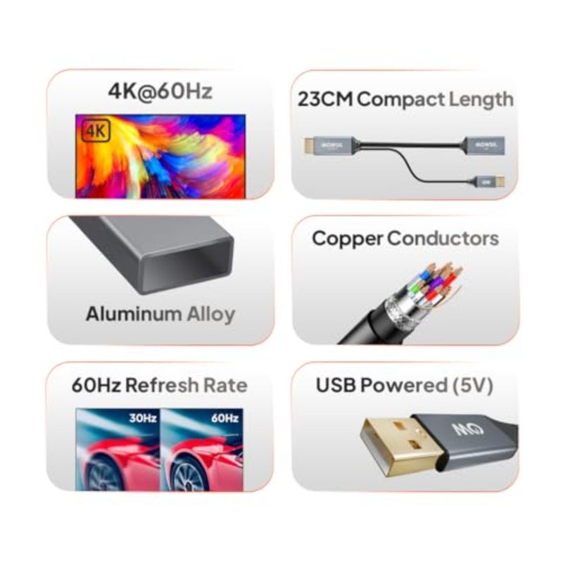 HDMI to DisplayPort Adapter with USB Power, 4K@60Hz HDMI Male to DP Female Converter, Active Video Adapter for Monitor, Projector Desktop PC, Plug Play Aluminum Build - Image 3