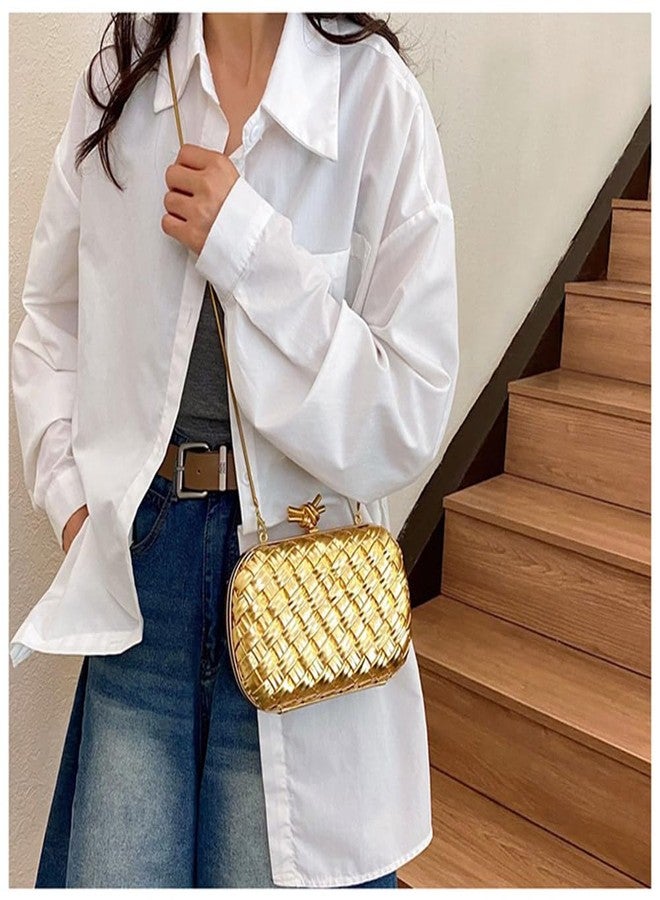 CUXVA Woven Evening Clutch Purse for Women Knot Woven Leather Crossbody Bag for Wedding Party Prom Gold - Image 2