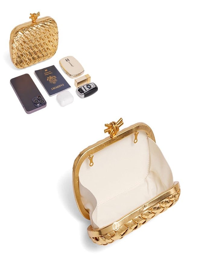 CUXVA Woven Evening Clutch Purse for Women Knot Woven Leather Crossbody Bag for Wedding Party Prom Gold - Image 5