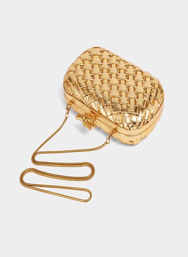 CUXVA Woven Evening Clutch Purse for Women Knot Woven Leather Crossbody Bag for Wedding Party Prom Gold - Image 3