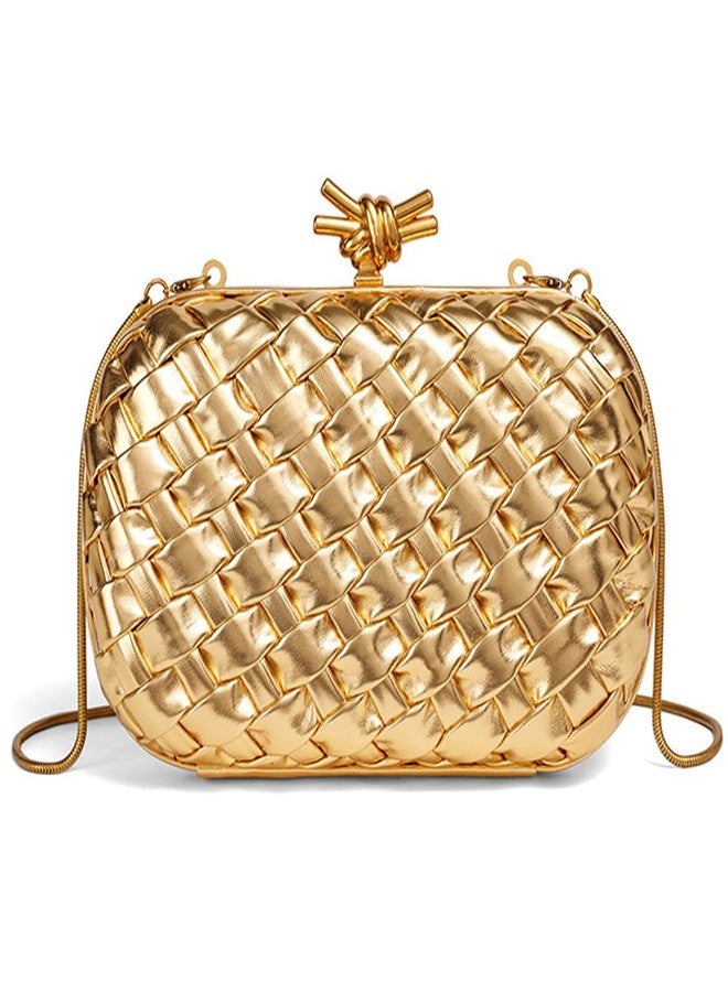 CUXVA Woven Evening Clutch Purse for Women Knot Woven Leather Crossbody Bag for Wedding Party Prom Gold - Image 1