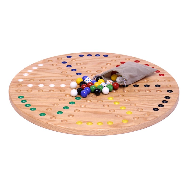 AmishToyBox.com Wahoo Marble Game Board Set - Round 18" Wide Marbles Game - Solid Oak Wood - Double-Sided - with Large 18mm Marbles and Dice Included - Image 2