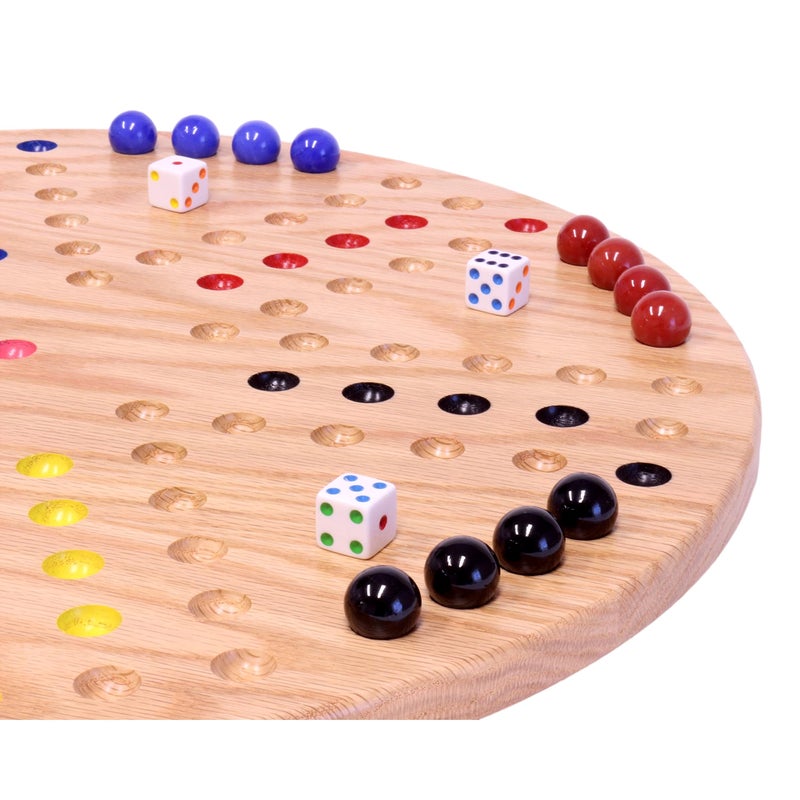 AmishToyBox.com Wahoo Marble Game Board Set - Round 18" Wide Marbles Game - Solid Oak Wood - Double-Sided - with Large 18mm Marbles and Dice Included - Image 3
