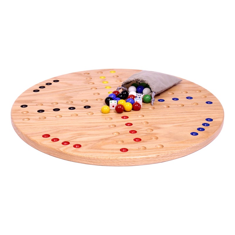AmishToyBox.com Wahoo Marble Game Board Set - Round 18" Wide Marbles Game - Solid Oak Wood - Double-Sided - with Large 18mm Marbles and Dice Included - Image 5