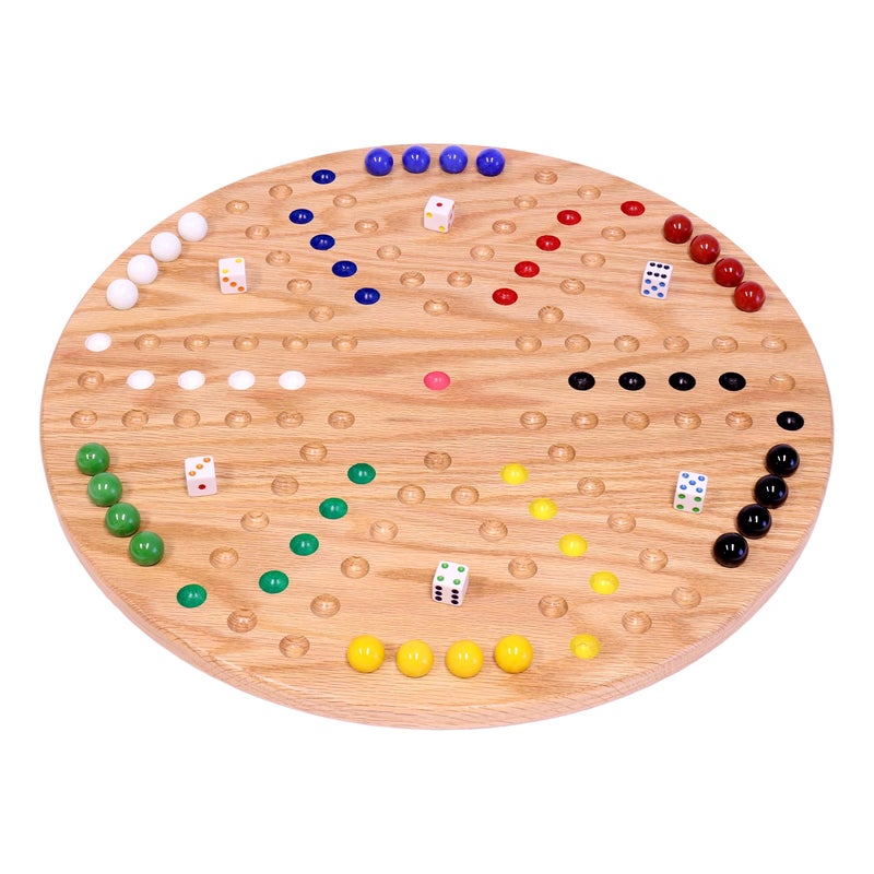AmishToyBox.com Wahoo Marble Game Board Set - Round 18" Wide Marbles Game - Solid Oak Wood - Double-Sided - with Large 18mm Marbles and Dice Included - Image 1