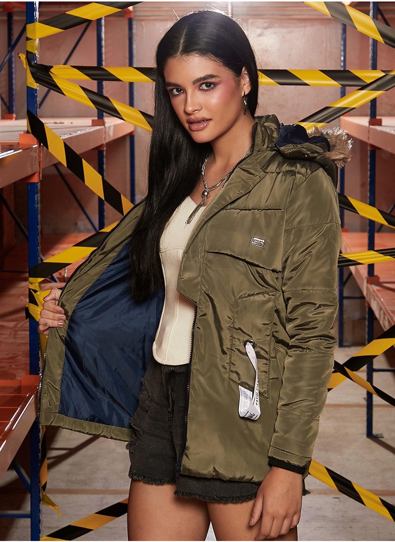 Campus Sutra Women's Olive Green Zip-Front Puffer Jacket with Detachable Hood  - Image 3