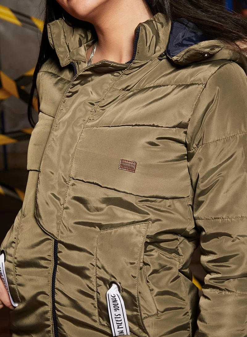 كامبوس سوترا Women's Olive Green Zip-Front Puffer Jacket with Detachable Hood