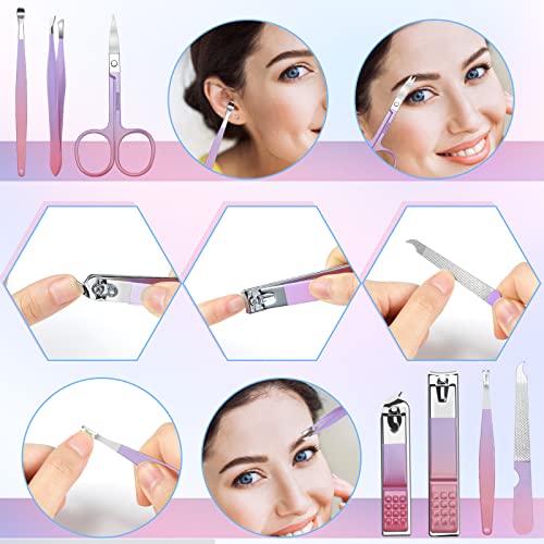 Aceoce Manicure Set Women Nail Clippers Professional Manicure Pedicure Kit Stainless Steel Nail Cutters Grooming Kit Personal Care Tools with Travel Case Gift for Women Gradual Purple - Image 2