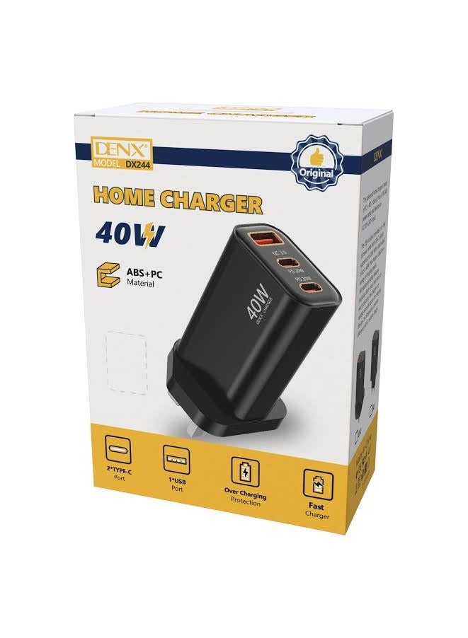 دينكس DX244 شاحن جداري سريع 40 واط بمنفذ USB-C مزدوج ومنفذ USB-A، شاحن PD سريع ثلاثي السنون (UK)، حماية ذكية من الشحن الزائد، متوافق مع الهواتف الذكية والأجهزة اللوحية، ضمان سنة واحدة - Image 2