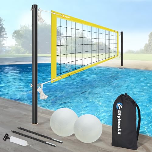 Olybeaka Base Free Swimming Pool Volleyball Net Set for Above GroundInground Pools with 3Height Adjustable Aluminium Poles Durable AntiSagging Net 2 Water Volleyballs and Carry Bag - Image 1