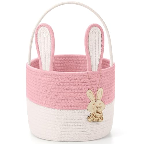 Poschnor Easter Basket for Kids, Easter Bunny Basket, Woven Cotton Rope Egg Easter Gift Baskets for Girls, Boys, Toddler, Babies, Pink - Image 1