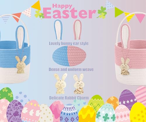 Poschnor Easter Basket for Kids, Easter Bunny Basket, Woven Cotton Rope Egg Easter Gift Baskets for Girls, Boys, Toddler, Babies, Pink - Image 3