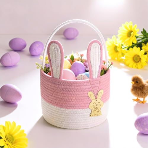Poschnor Easter Basket for Kids, Easter Bunny Basket, Woven Cotton Rope Egg Easter Gift Baskets for Girls, Boys, Toddler, Babies, Pink - Image 5