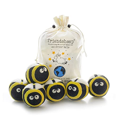 Friendsheep Wool Dryer Balls, Organic Reusable Fabric Softener Alternative for Laundry, Handmade, Fair Trade, Hypoallergenic, Eco-Friendly, Plastic-Free (6 Pack XL – Busy Bees) - Image 1