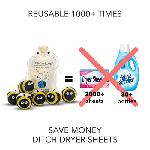 Friendsheep Wool Dryer Balls, Organic Reusable Fabric Softener Alternative for Laundry, Handmade, Fair Trade, Hypoallergenic, Eco-Friendly, Plastic-Free (6 Pack XL – Busy Bees) - Image 2