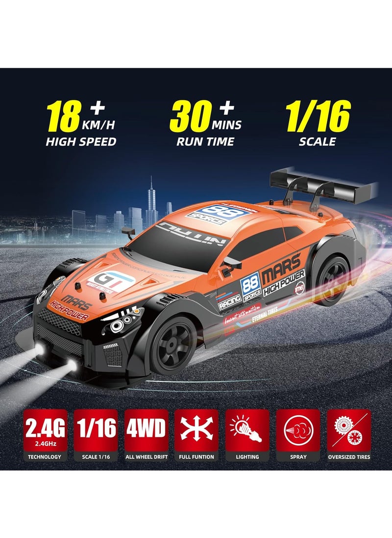 Taizz Ventures 1:16 Scale Remote Control Car RC Drift Car 4WD 18KM/H High Speed Model Vehicle 2.4GHz with LED Lights Spray Rubber Tire Racing Sport Toy Car for Adults Boys Girls Kids Gift 2Pcs Rechargeable Batteries - Orange/Black  - Image 2