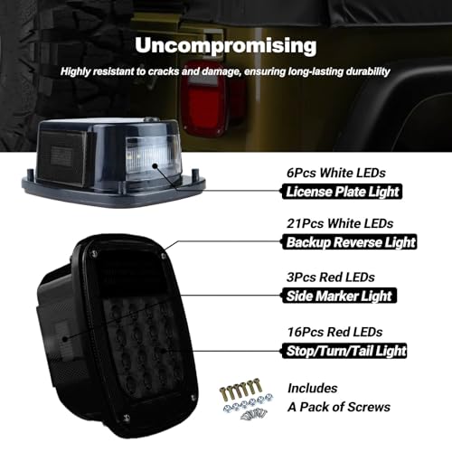 XtraGlow Smoked Square Rear Combination Tail Lights Lamps Assembly Replacement for 1979-2006 Wrangler TJ YJ CJ5 CJ7 with Passenger and Driver Side Marker Stop Turn Signal Brake Lights DOT Certified, 2Pcs - Image 4