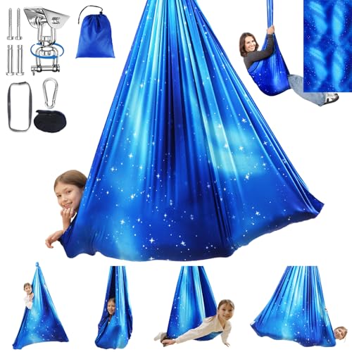 WUBOTIYU Sensory Swing for Kids Indoor & Outdoor Double Layer Therapy Cuddle Hammock Chair with 360 Swivel Hanger Kit Adjustable Swing for Child and Adult with Aspergers Autism ADHD (Star Blue) - Image 1